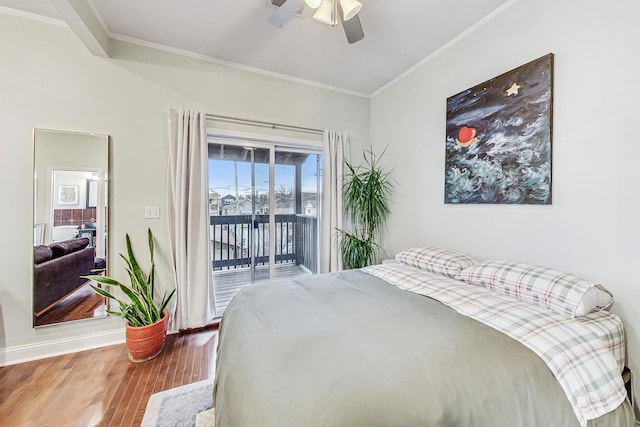 bedroom with access to outside, ceiling fan, crown molding, and wood-type flooring