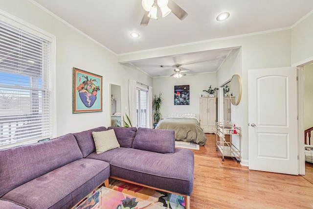 living room featuring ceiling fan, light wood-type flooring, and ornamental molding