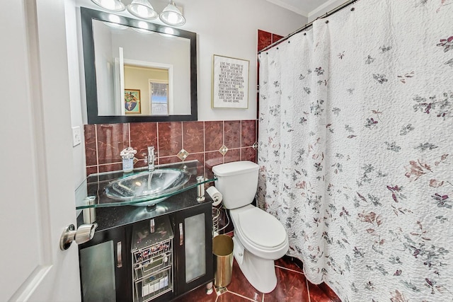 bathroom featuring tasteful backsplash, vanity, wood-type flooring, tile walls, and toilet