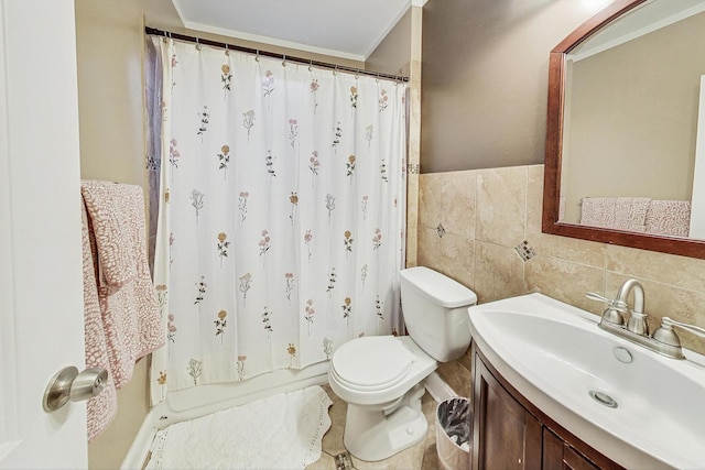 full bathroom with shower / bath combo, crown molding, toilet, vanity, and tile walls