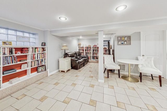 interior space featuring crown molding and light tile patterned flooring