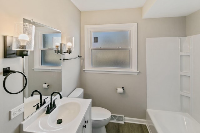 bathroom with vanity, wood-type flooring, and toilet