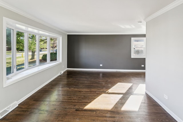 unfurnished room with crown molding and dark wood-type flooring