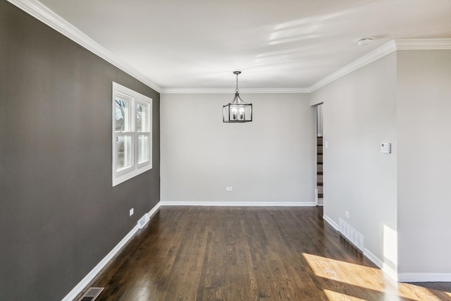 unfurnished dining area with crown molding, dark hardwood / wood-style floors, and a notable chandelier