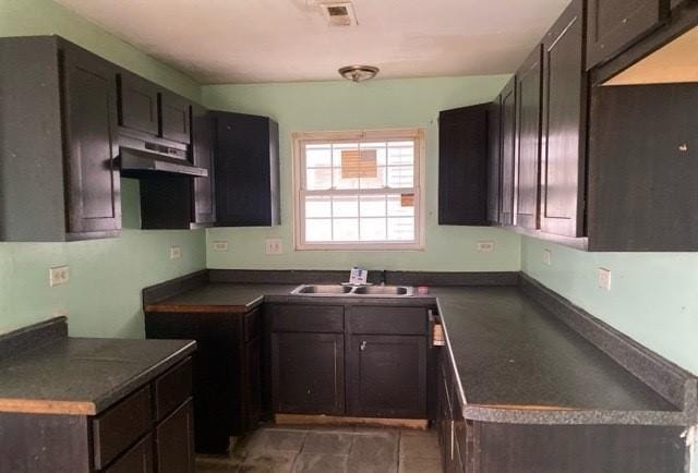 kitchen with dark brown cabinetry, extractor fan, and sink