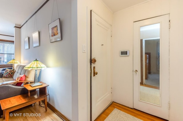 hall featuring ornamental molding and light wood-style flooring