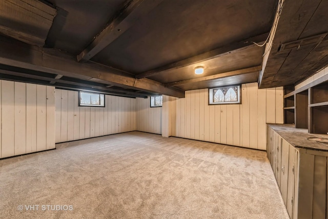 basement featuring wood walls and light colored carpet