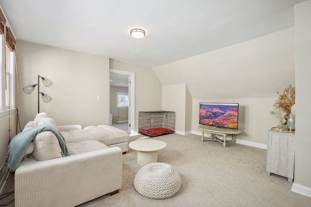 living room with light carpet and lofted ceiling