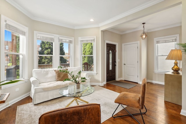 living room with ornamental molding and dark wood-type flooring