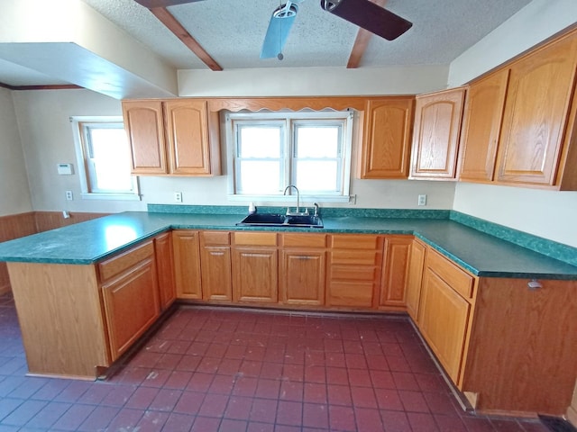 kitchen featuring a textured ceiling, ceiling fan, a healthy amount of sunlight, and sink