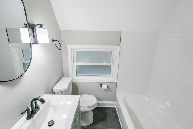 full bathroom with vanity,  shower combination, toilet, and vaulted ceiling