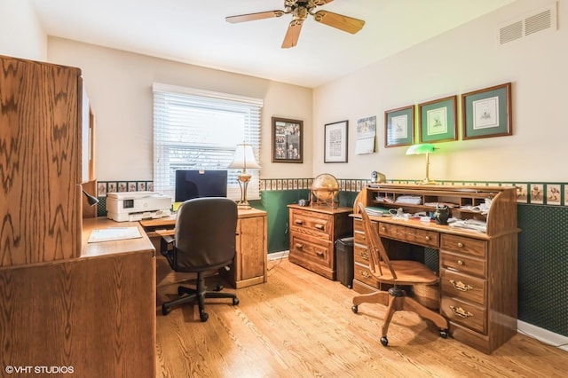 office area with ceiling fan and light wood-type flooring