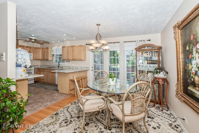 dining room featuring a textured ceiling, ceiling fan with notable chandelier, hardwood / wood-style flooring, and sink