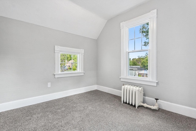 additional living space featuring carpet, a healthy amount of sunlight, lofted ceiling, and radiator