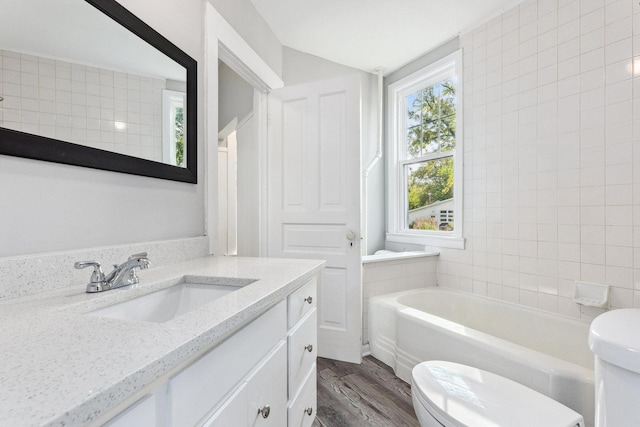 bathroom featuring vanity, toilet, wood-type flooring, and a bath