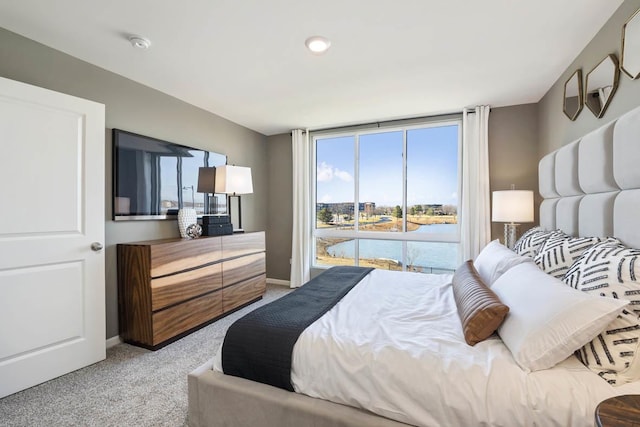 carpeted bedroom with a water view