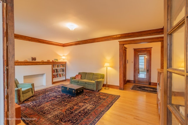 living room with hardwood / wood-style floors and ornamental molding