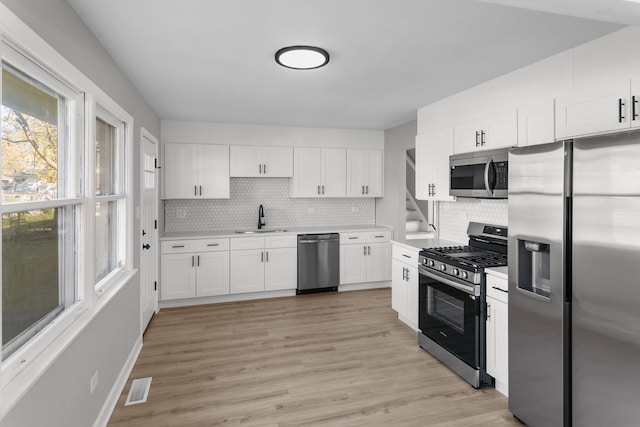 kitchen with backsplash, white cabinets, sink, appliances with stainless steel finishes, and light hardwood / wood-style floors