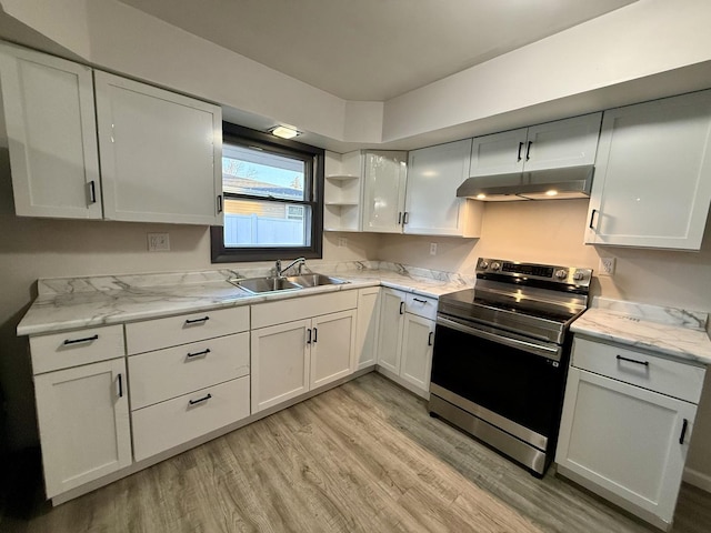 kitchen featuring stainless steel electric range oven, sink, and white cabinets