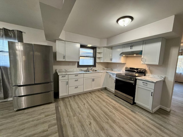 kitchen with white cabinetry, sink, stainless steel appliances, and light hardwood / wood-style floors