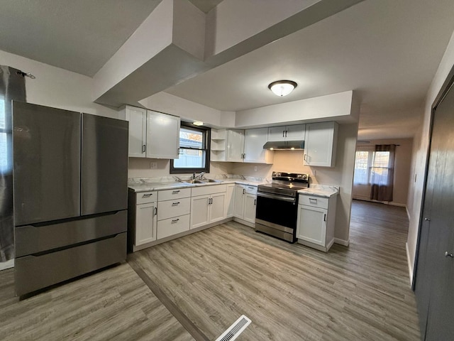 kitchen featuring white cabinets, light hardwood / wood-style floors, sink, and appliances with stainless steel finishes