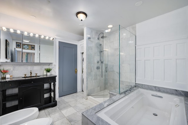 bathroom with shower with separate bathtub, vanity, a bidet, and backsplash