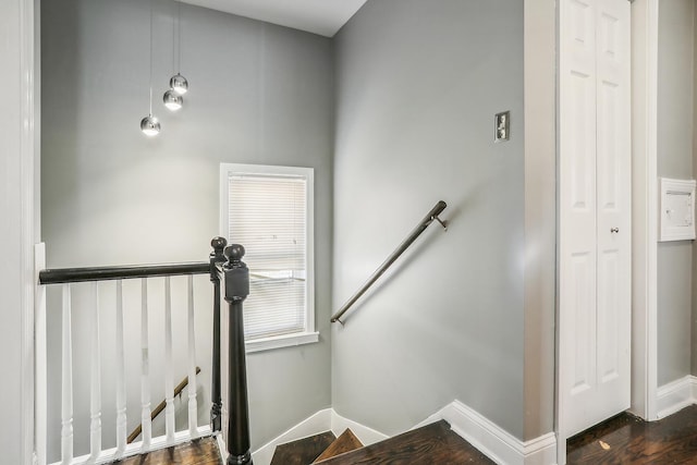 staircase featuring hardwood / wood-style flooring