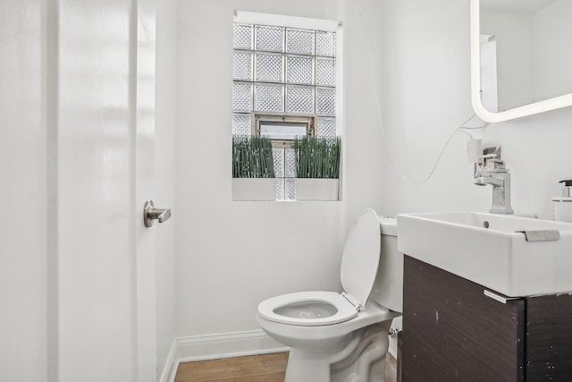 bathroom with vanity, wood-type flooring, and toilet