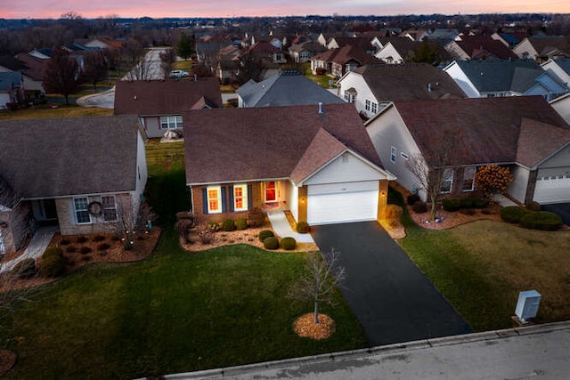 view of aerial view at dusk