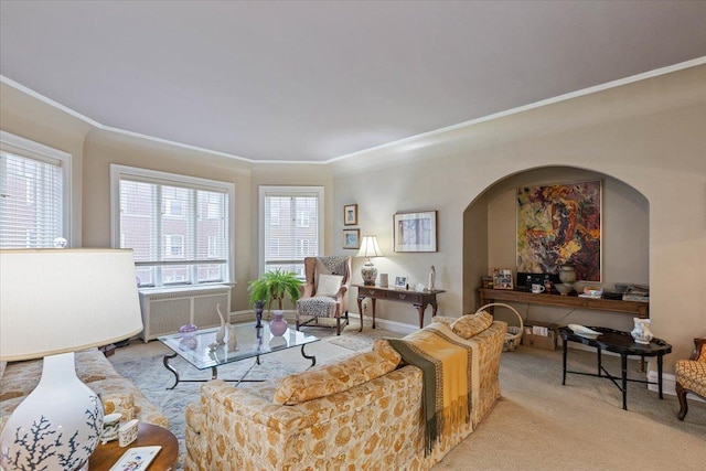 carpeted living room with radiator heating unit, a healthy amount of sunlight, and ornamental molding