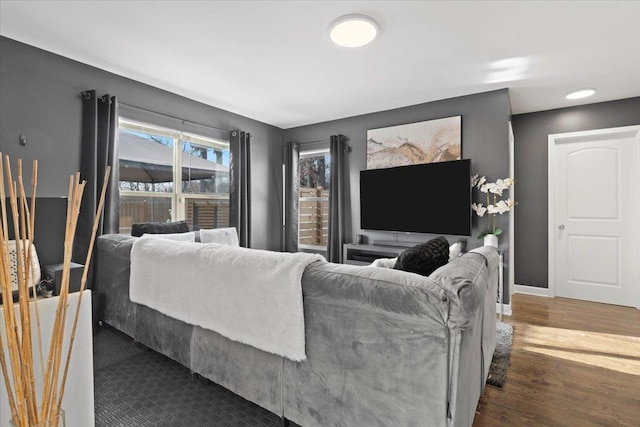 living room with dark hardwood / wood-style floors