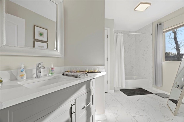 bathroom featuring vanity and shower / bath combo with shower curtain