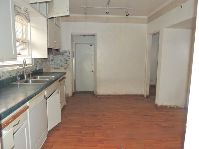 kitchen featuring white cabinets, dark hardwood / wood-style floors, dishwasher, and sink