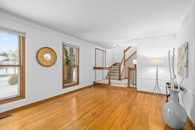 spare room with light hardwood / wood-style flooring, a wealth of natural light, and ornamental molding