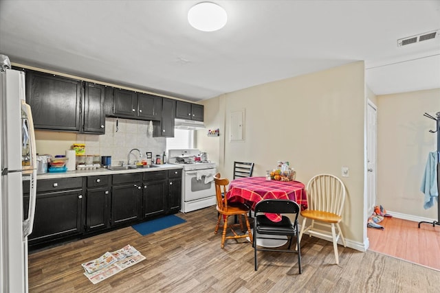 kitchen featuring sink, backsplash, electric panel, white appliances, and hardwood / wood-style flooring