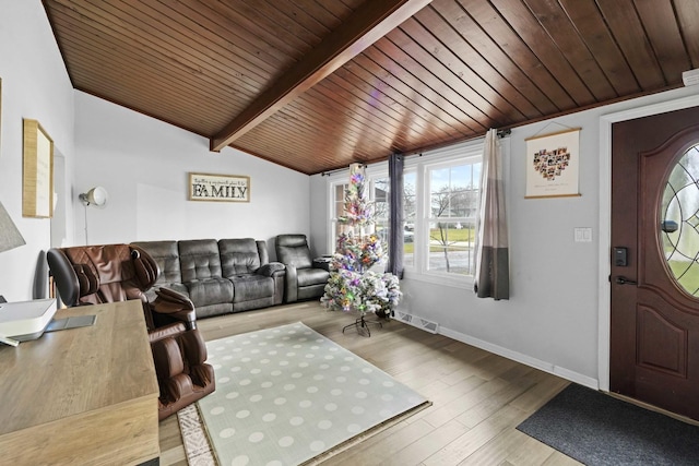 living room with lofted ceiling with beams, light hardwood / wood-style floors, and wood ceiling