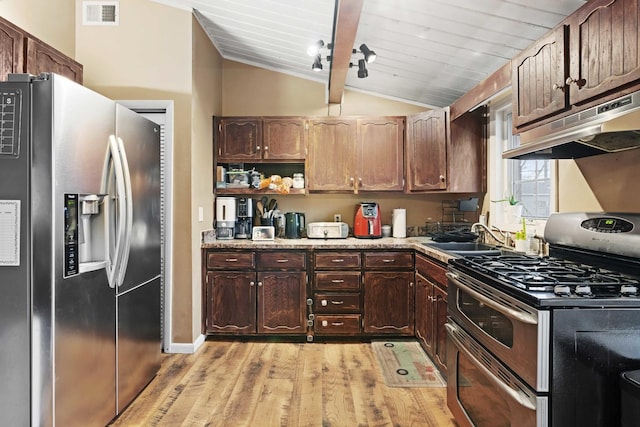 kitchen with appliances with stainless steel finishes, wood ceiling, sink, light hardwood / wood-style floors, and lofted ceiling