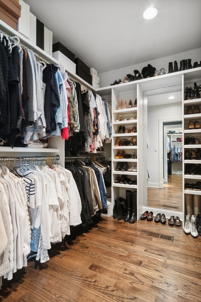 walk in closet with hardwood / wood-style flooring