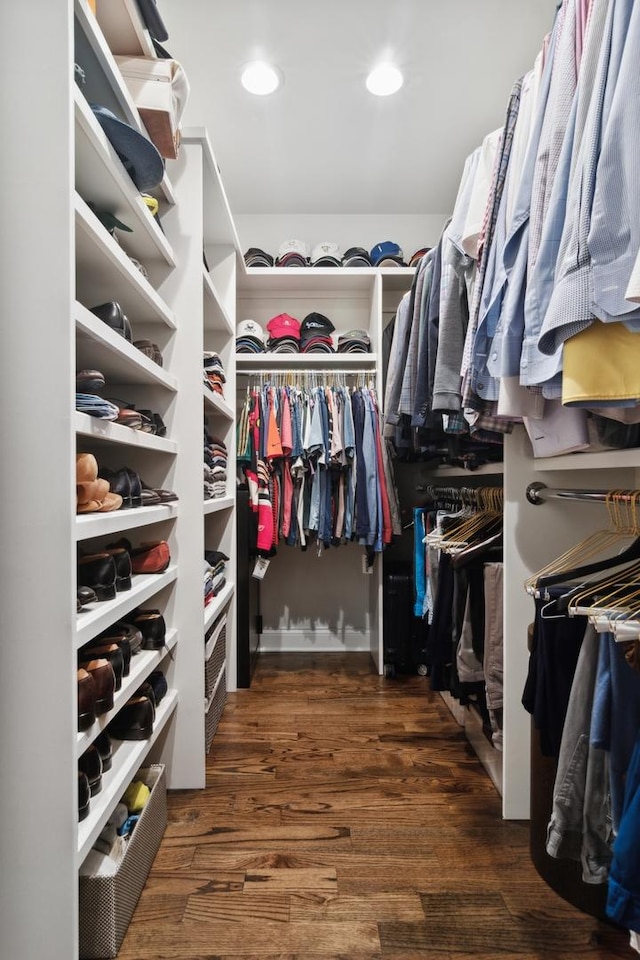 spacious closet with dark wood-type flooring