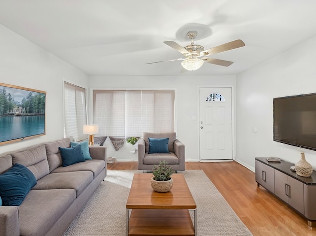 living room featuring ceiling fan and light hardwood / wood-style flooring