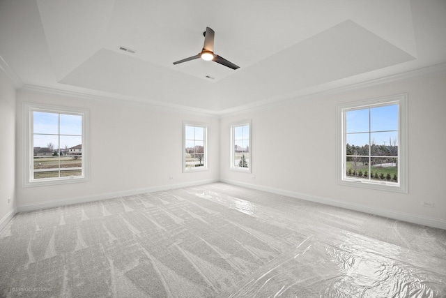 unfurnished room with ceiling fan, a raised ceiling, light carpet, and a wealth of natural light