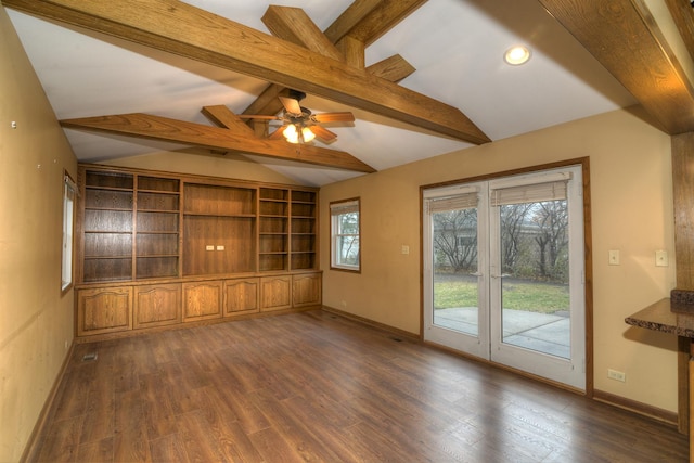 unfurnished living room featuring dark hardwood / wood-style flooring, lofted ceiling with beams, and ceiling fan