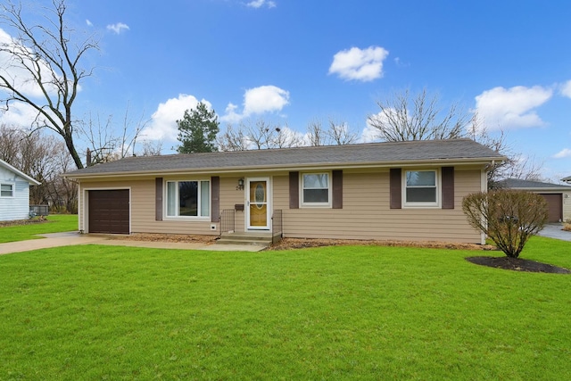 single story home with a front lawn and a garage