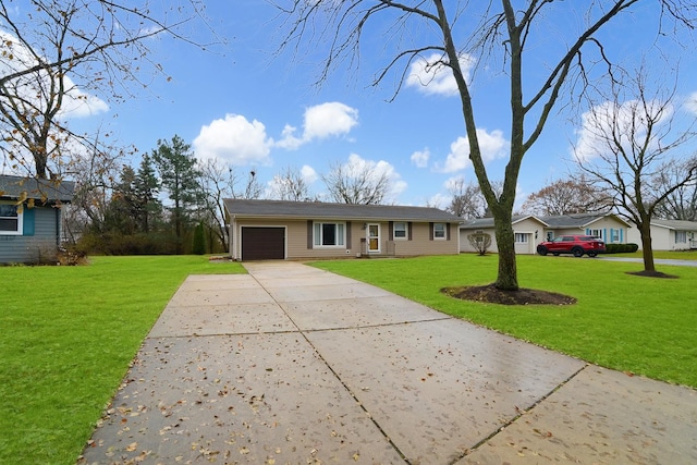 ranch-style house with a garage and a front yard