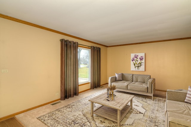 living room with ornamental molding