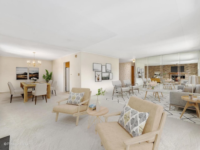 living room featuring light carpet and a notable chandelier