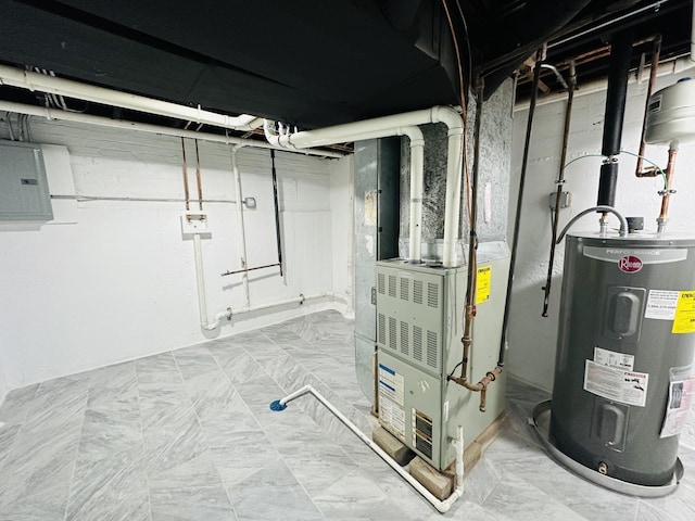 utility room featuring electric panel and water heater