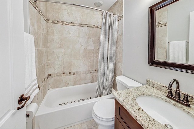 full bathroom with vanity, shower / bath combination with curtain, and toilet