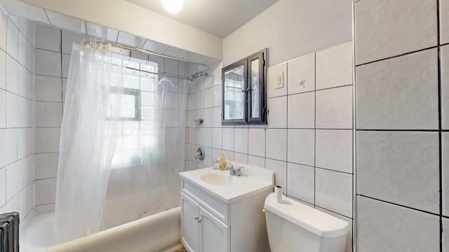 7549 W 62nd St, Summit, IL 60501 - full bathroom with shower / bath combo with shower curtain, toilet, radiator, tile walls, and vanity