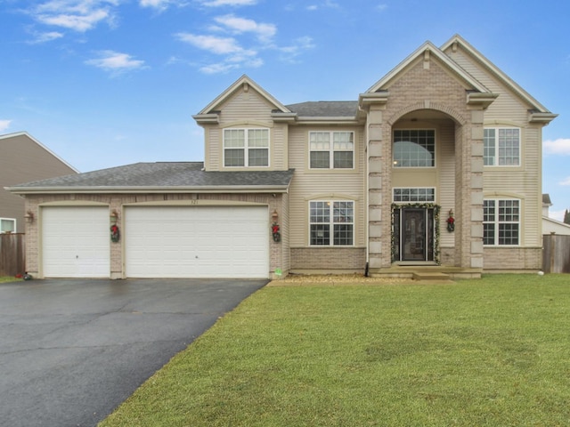 view of front of property featuring a front yard and a garage